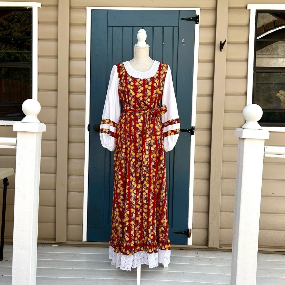 Vintage Rare Impressions Red Floral Maxi Dress with Lace Women’s Size L